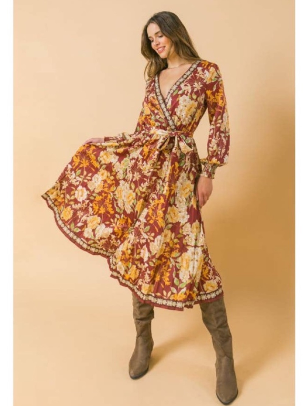 Flying Tomato Burgundy Floral Long Sleeve Maxi Dress